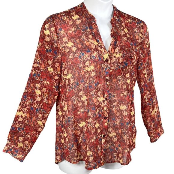 Kut From The Kloth Womens L Chiffon Sheer Floral Blouse Long Tab Sleeve Artsy - Picture 8 of 16